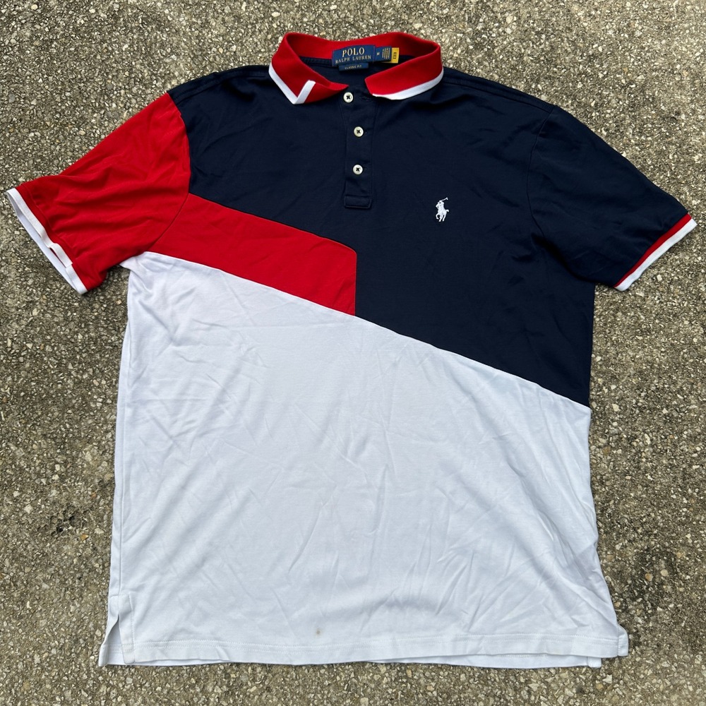 Polo Ralph Lauren Mens Classic Fit Colorblock Polo Shirt Navy Red White Medium